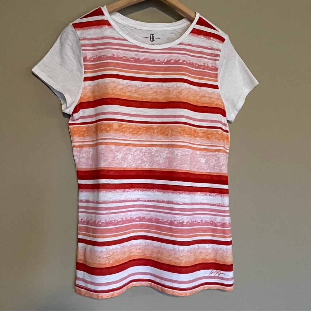 Tommy Hilfiger 🧡❤️💗 Orange/Red/Melon Striped White Short Sleeve T-Shirt Medium